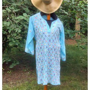 Women Ethnic Wear Top Indian Style Tunic Kurta Floral Embroidered Light Blue